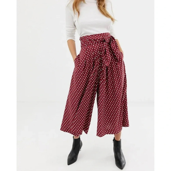 ASOS Wide Leg Tie Waist Pants red and white polka dots 16 Curvy Plus cropped - Picture 1 of 11